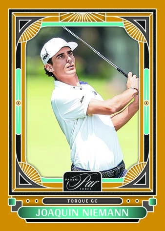 Joaquin Niemann’s Base Holo Gold preview with a gold frame and course background.
