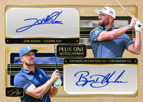 Jon Rahm and Bryson DeChambeau Plus One Autographs Holo Gold preview from 2026 Panini Par Three LIV Golf.