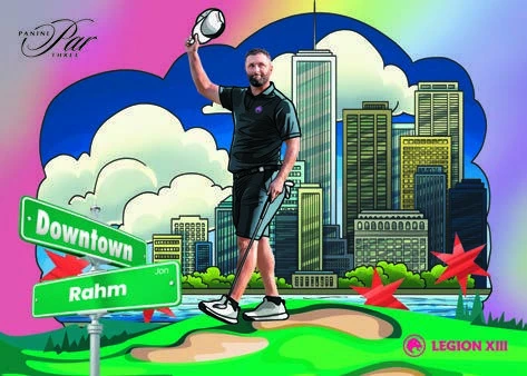 Jon Rahm’s horizontal Downtown Tournament Champions preview with a city skyline and street signs.