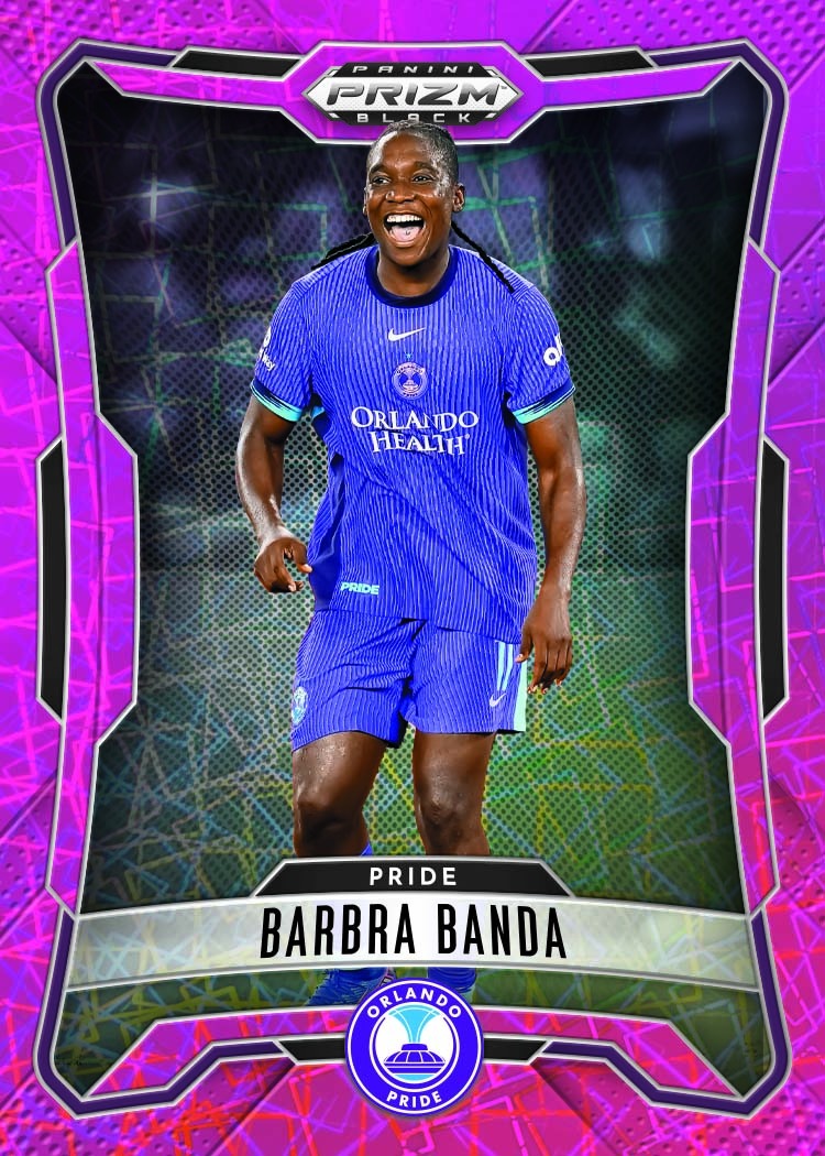 Barbra Banda’s Prizm Black base-design preview, with a purple border, Orlando Pride crest and a smiling action photograph.