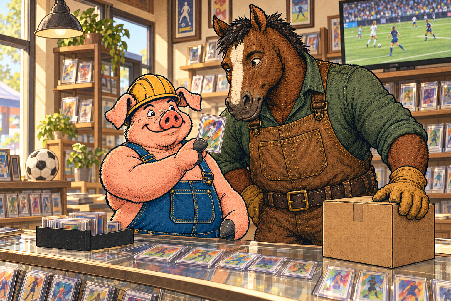 Hammy shows Clyde a protected soccer card at the shop counter while a women’s match plays on a television behind them.