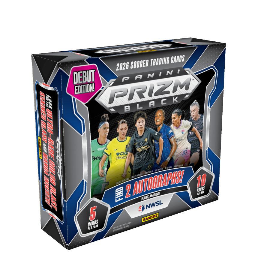 The 2026 Prizm Black NWSL debut-edition hobby box, advertising ten packs, five cards per pack and two autographs per box on average.
