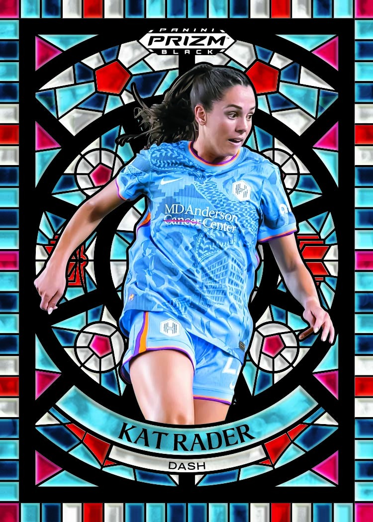 Kat Rader’s Stained Glass preview in a bright blue Houston Dash kit, framed by black lines and blue, red, white and pink panes.