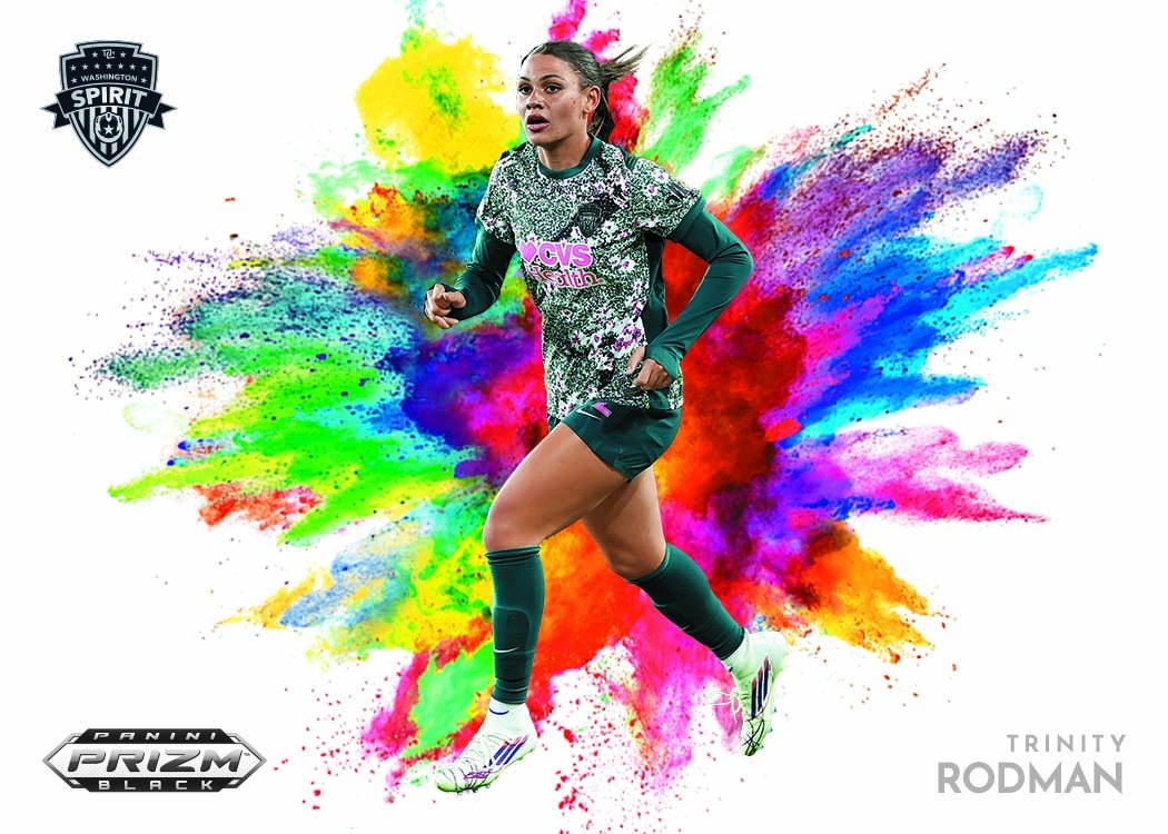 Trinity Rodman’s horizontal Color Blast preview, with a full-length running photograph, a multicolored burst and white space around the edges.