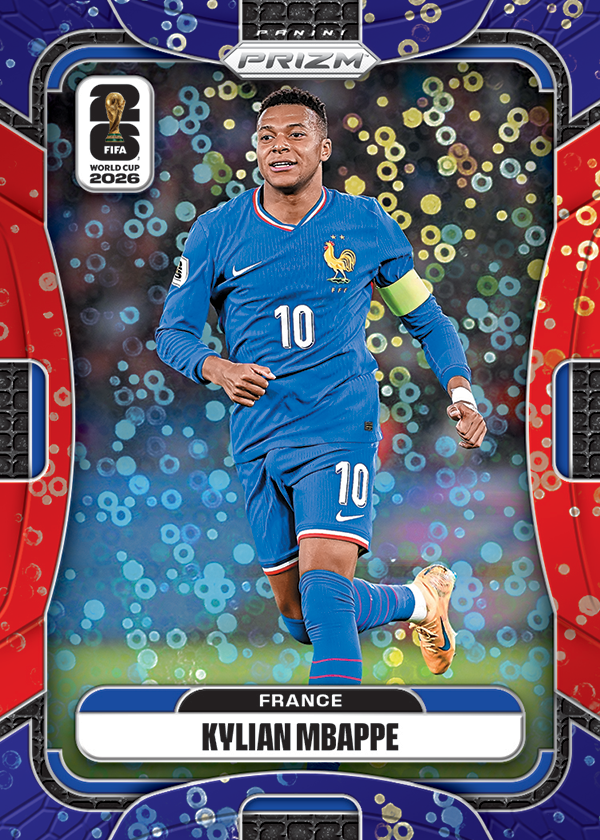 Kylian Mbappé France number 10 soccer card with a colorful circular foil pattern, Panini Prizm branding, and the FIFA World Cup 2026 emblem.