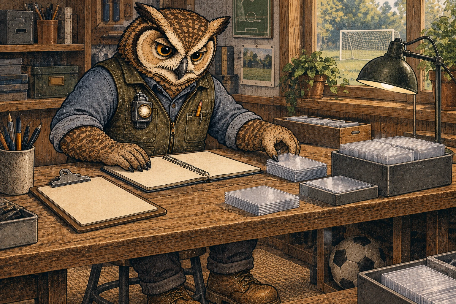 A tawny owl in an olive vest and slate shirt sits at a wooden workbench, sorting clear card sleeves beside a blank spiral notebook and clipboard. A desk lamp lights the workspace, and a soccer goal is visible through the window.