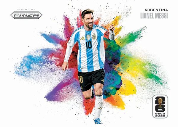 Lionel Messi in Argentina colors on a Panini Prizm FIFA World Cup 2026 Color Blast preview.