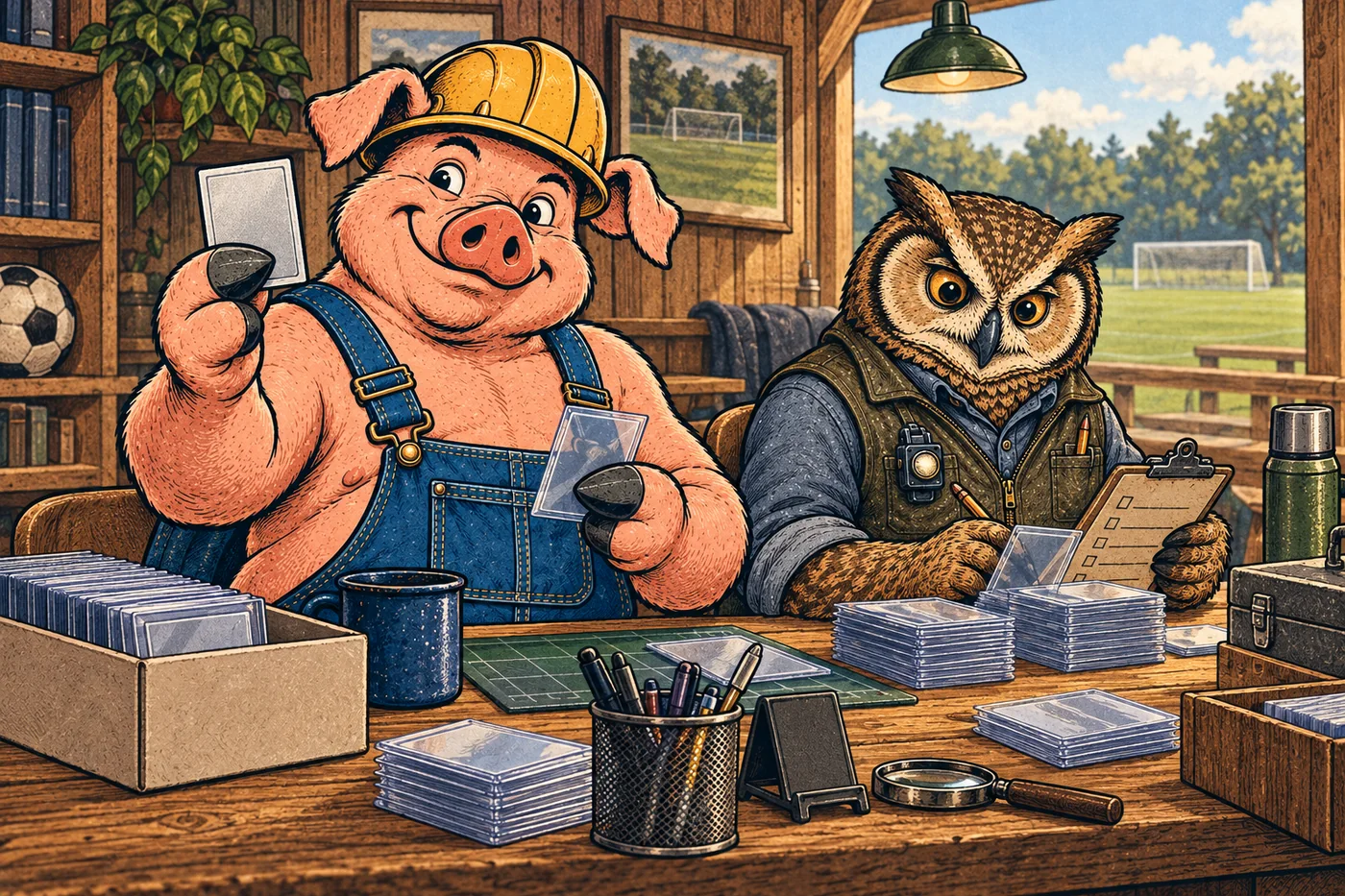 Hammy and Lemmy study soccer cards at a collector's table.