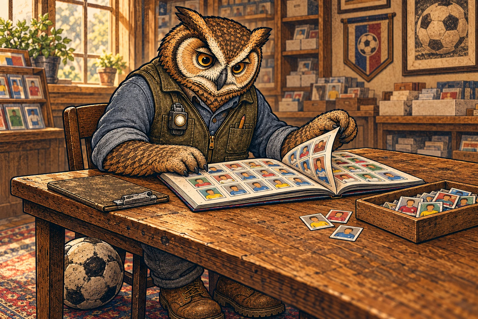 Lemmy turns a page of a soccer sticker album at the shop table, with loose portrait stickers beside him.