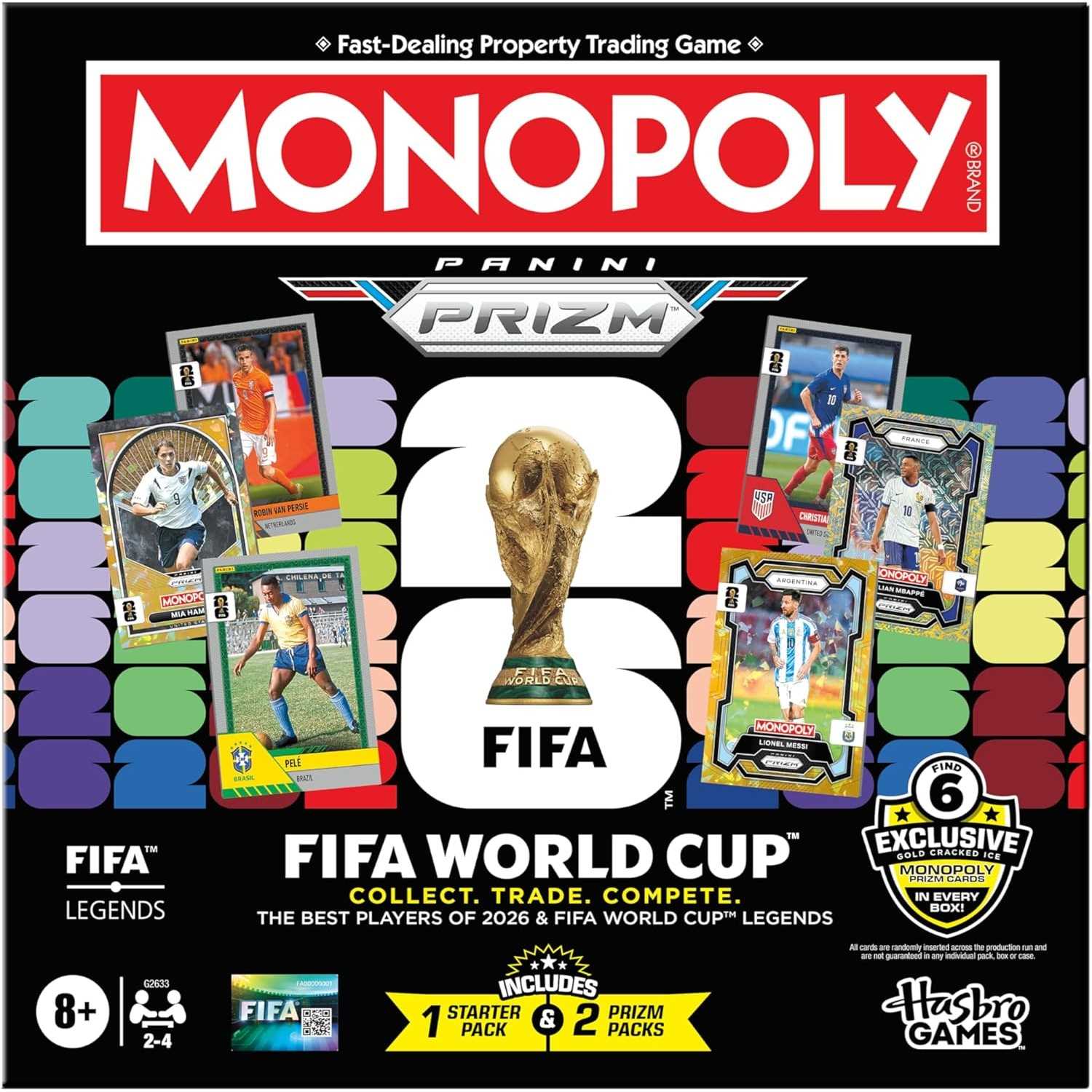Hasbro's Monopoly Panini Prizm FIFA board-game package showing Messi, Mbappé, Mia Hamm, Pelé and other card previews.