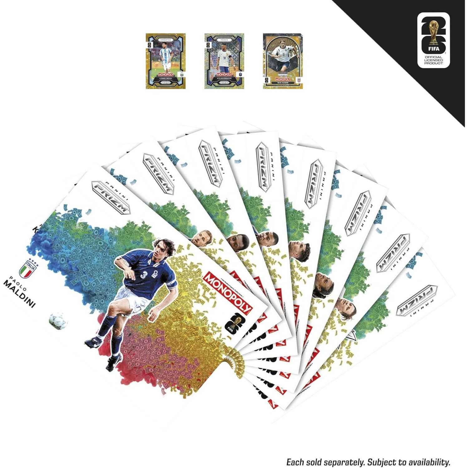 Hasbro card preview with Paolo Maldini on a white Money Blast design and smaller Messi, Mbappé and Mia Hamm previews.