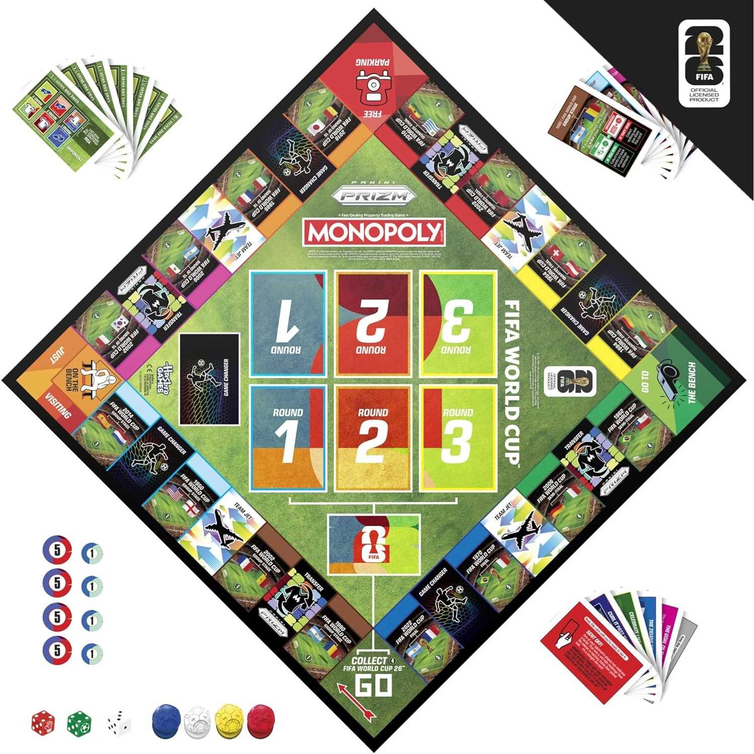 The Monopoly Panini Prizm FIFA game board with historic World Cup matches, colored dice and soccer-ball tokens.