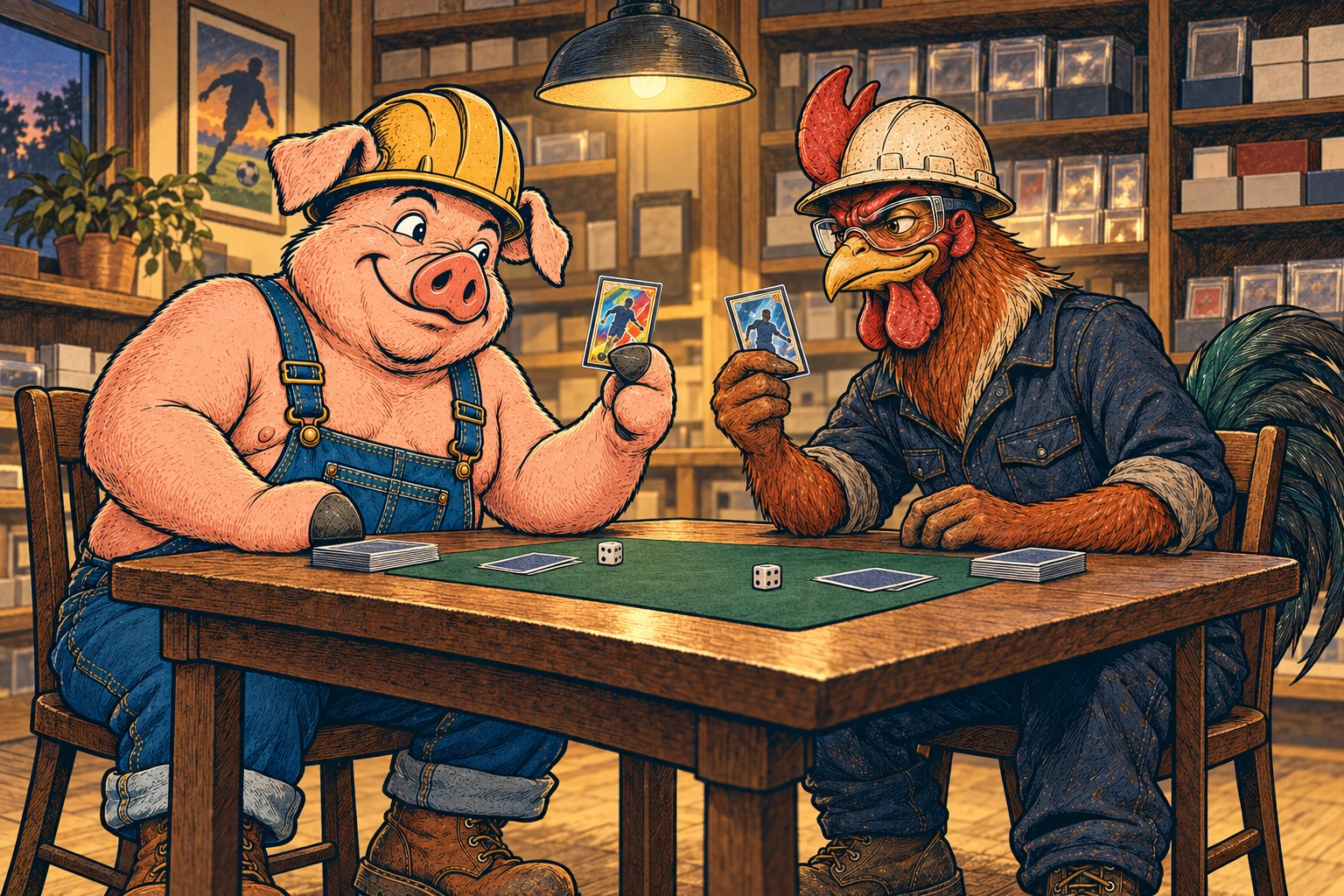 Hammy and Riggs compare soccer cards across a green mat at their card-shop table.