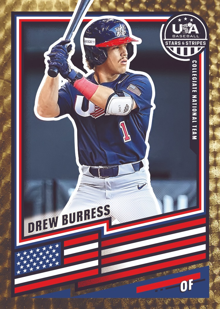 Drew Burress batting in a navy USA jersey inside a red, white and navy frame with a flag beneath him.