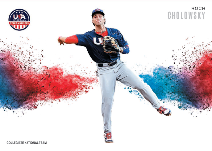 Roch Cholowsky throwing in a navy USA uniform across a horizontal white Color Blast card.