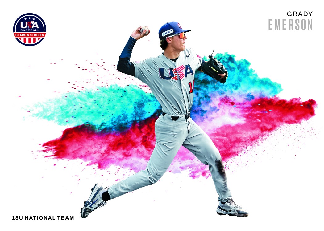 Grady Emerson striding into a throw in a gray USA uniform against turquoise and pink Color Blast clouds.