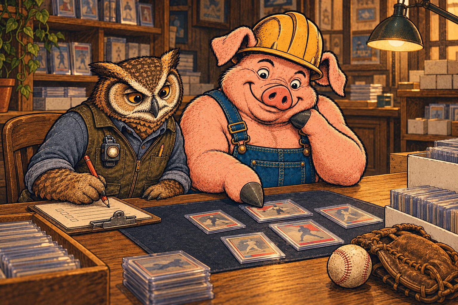 Hammy and Lemmy enjoying an evening of baseball-card collecting at a wooden card-shop table.