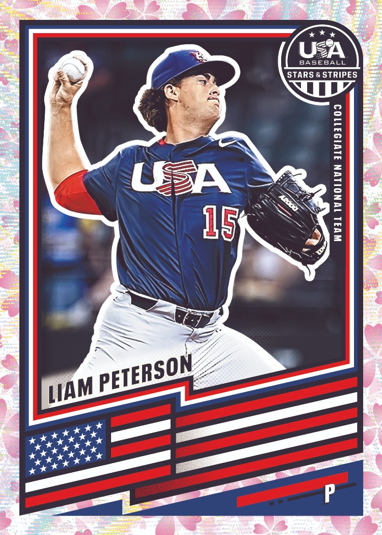 Liam Peterson pitching in a navy USA jersey inside a pale pink Cherry Blossom Prizm border.
