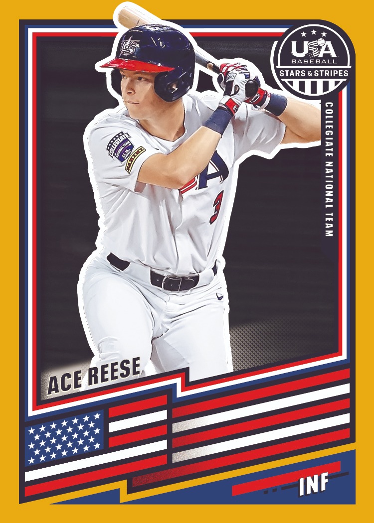 Ace Reese batting in a white USA uniform within a broad gold Prizm border.