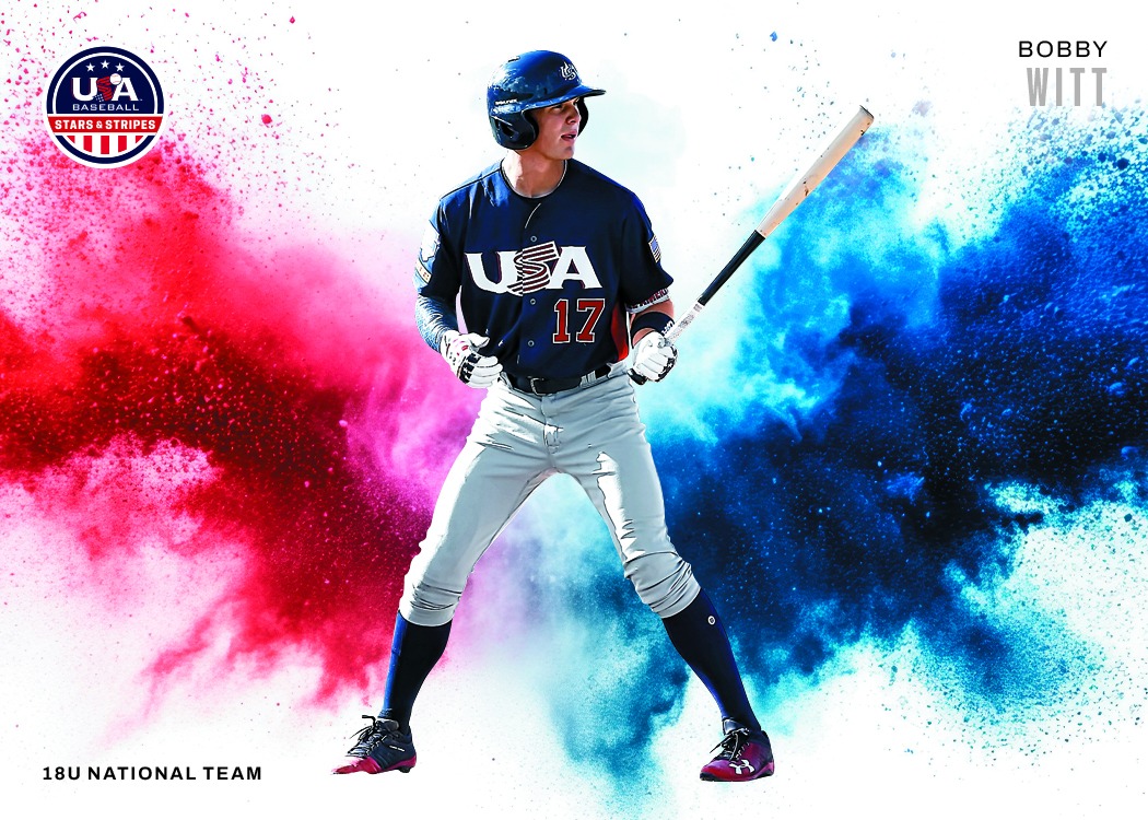 Bobby Witt Jr. batting in a navy USA jersey against red and blue Color Blast clouds.