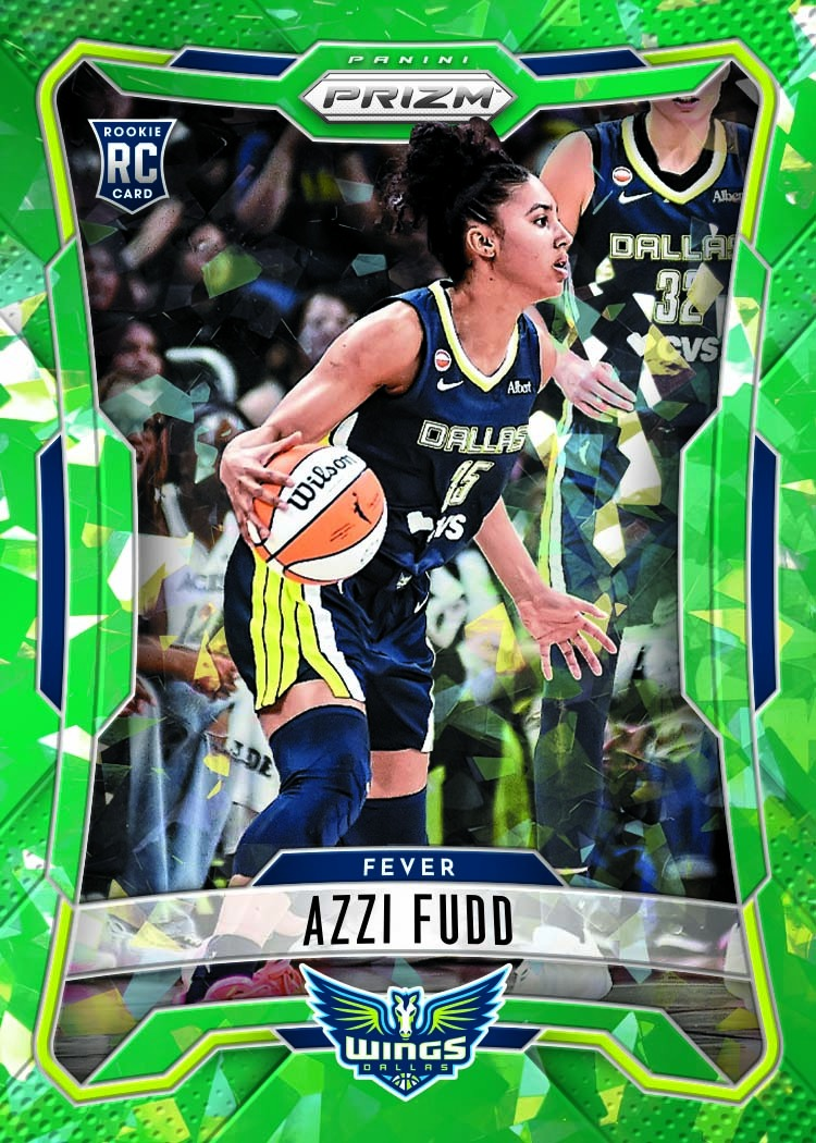 Panini Prizm Green Ice rookie card labeled Azzi Fudd, showing her dribbling in a Dallas uniform, with a Wings logo and a visible FEVER label.