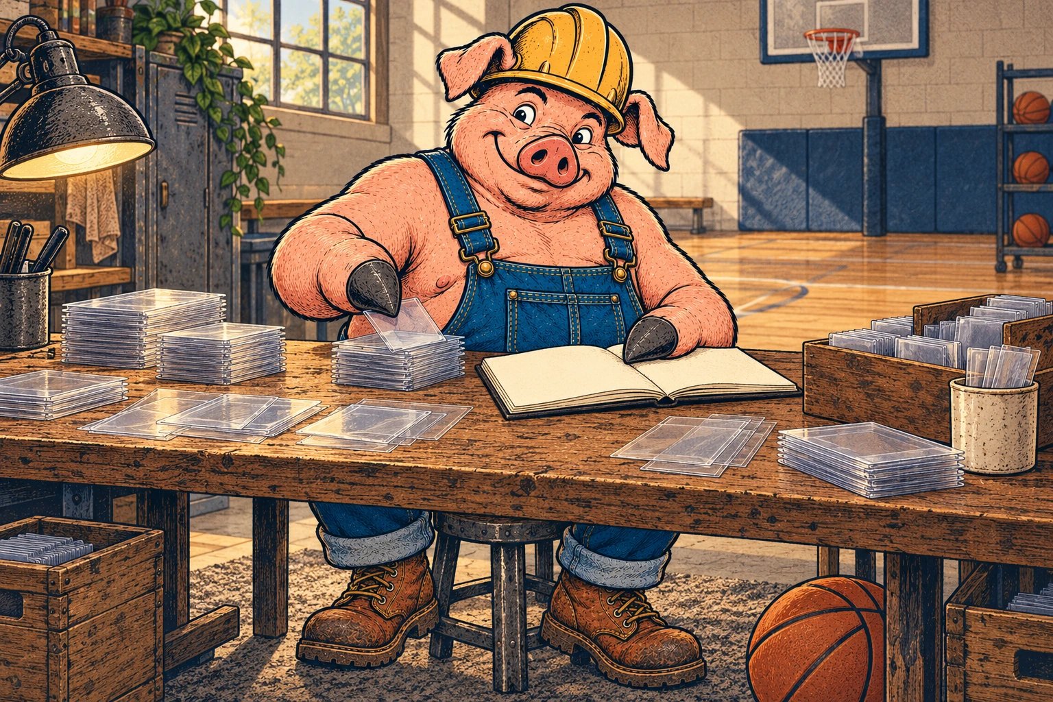 Hammy, a broad pink pig wearing a yellow hardhat, indigo denim bib overalls and brown work boots, sorts clear card sleeves beside an open blank notebook at a wooden workbench in a sunlit basketball gym.