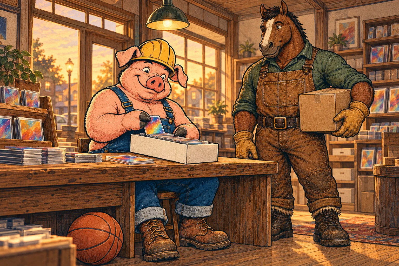 Hammy sorts colorful cards into a long storage box while Clyde holds a shipping case beside him, with a basketball under the shop counter.