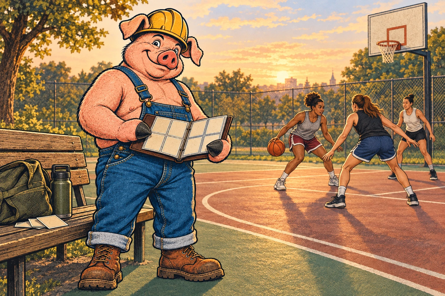 Hammy holds a card album beside a community court as three women play basketball.