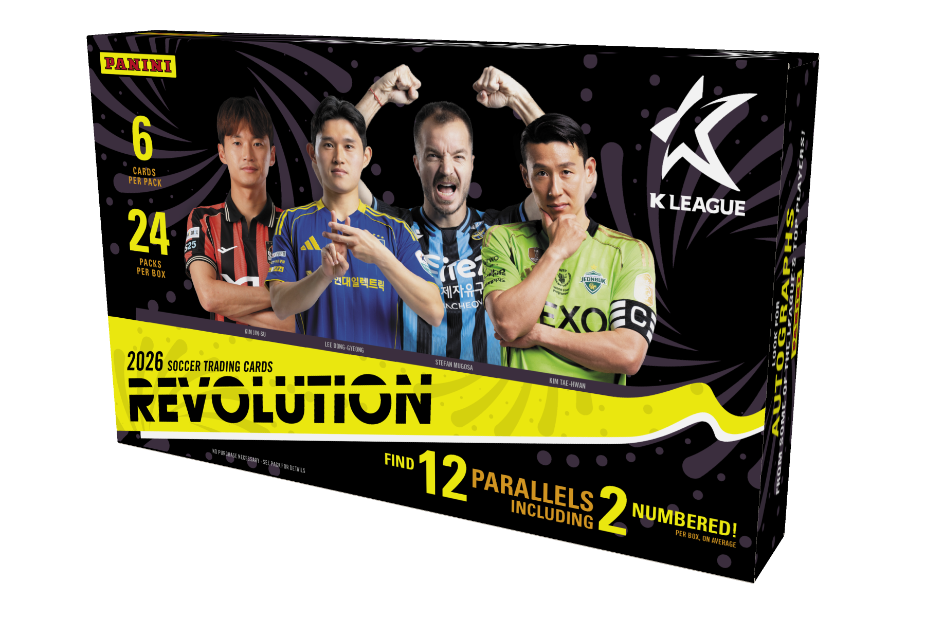 Front and right side of a 2026 Panini Revolution K League soccer trading card hobby box, showing four players, the K League logo, and packaging details including 6 cards per pack and 24 packs per box.