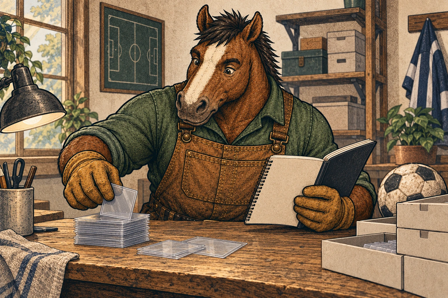 A broad dark bay draft horse with a cream blaze, dark mane, forest green shirt, tobacco canvas overalls, and work gloves sorts clear card sleeves at a workbench while checking a blank notebook. A soccer ball and field diagram appear in the workshop background.