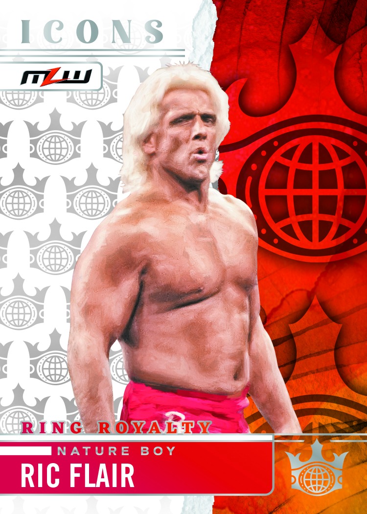 Ric Flair in red trunks between white crown motifs and a red-orange panel.