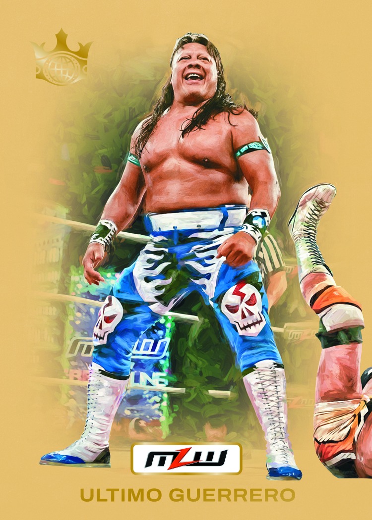 Último Guerrero in blue-and-white wrestling gear against a broad gold-colored Blank Slate background.