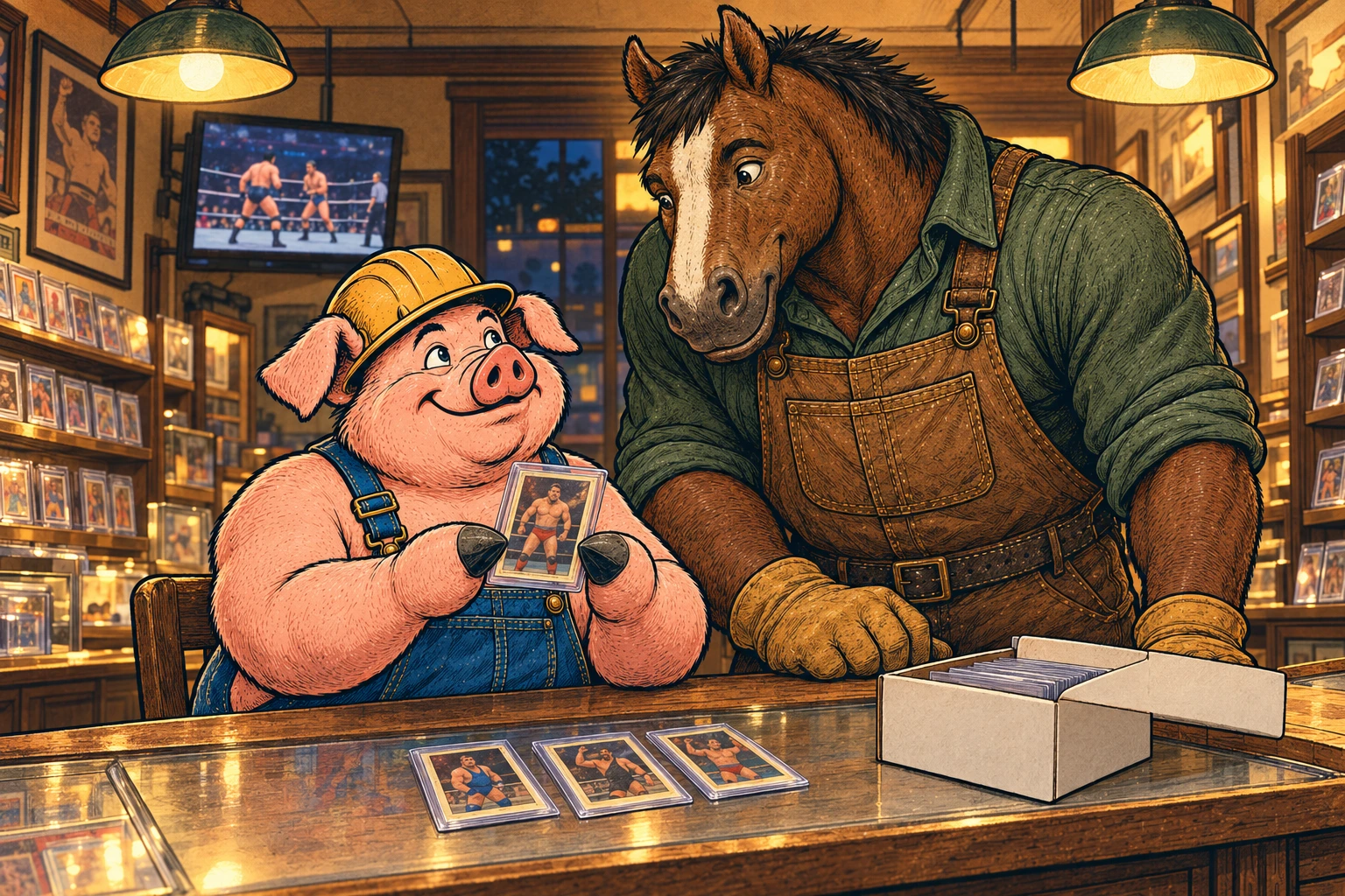 Hammy shows Clyde a sleeved wrestling card at the shop counter while a match plays on a small television.
