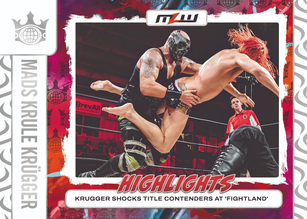 Mads Krule Krugger colliding with an airborne opponent in a landscape MLW Highlights card.