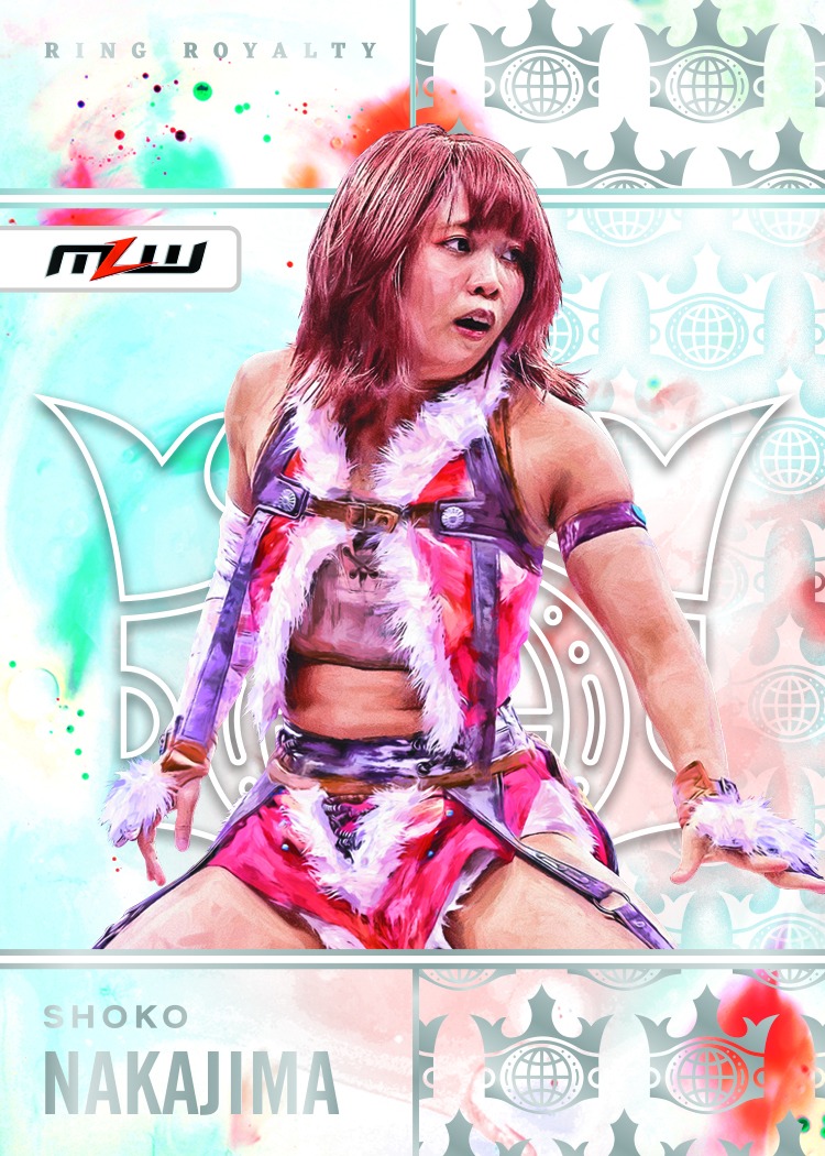 Shoko Nakajima in pink and purple wrestling gear against turquoise washes and crown motifs.