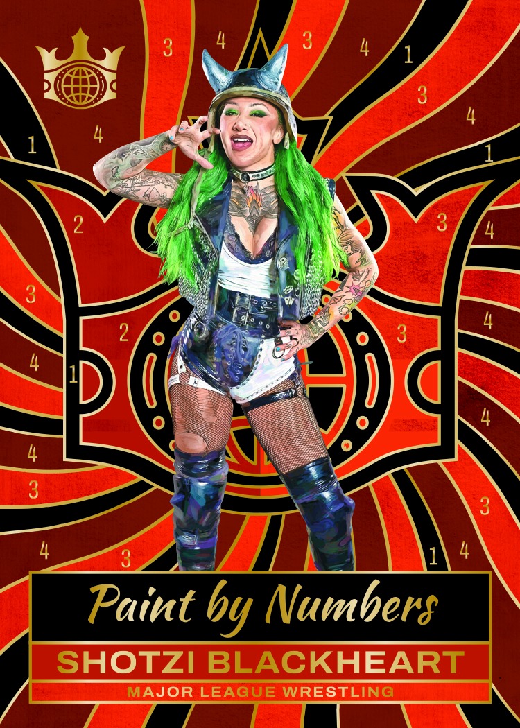 Shotzi Blackheart with bright green hair against red, black and gold numbered shapes.