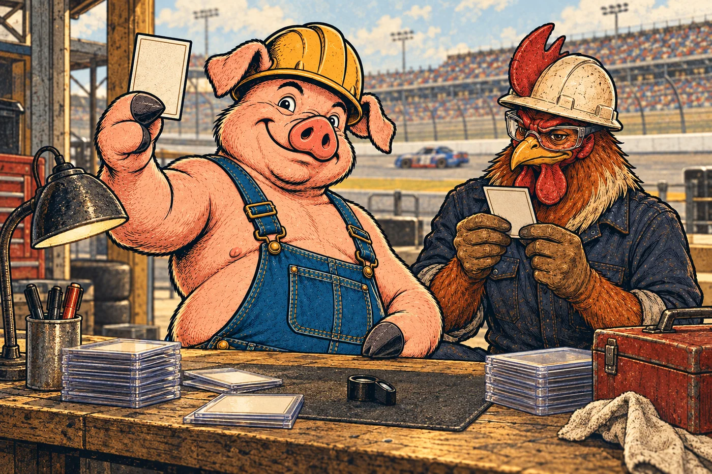 Hammy and Riggs study racing cards at a workbench.