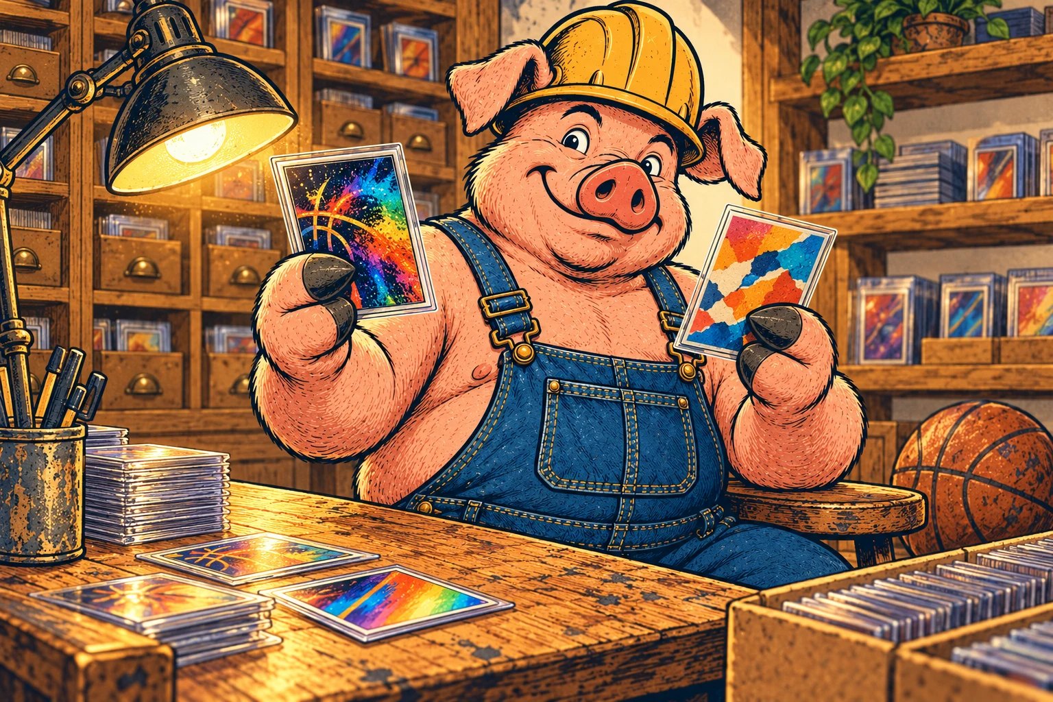 Hammy compares two colorful sleeved cards under a workbench lamp, with a basketball beside his stool and card drawers behind him.