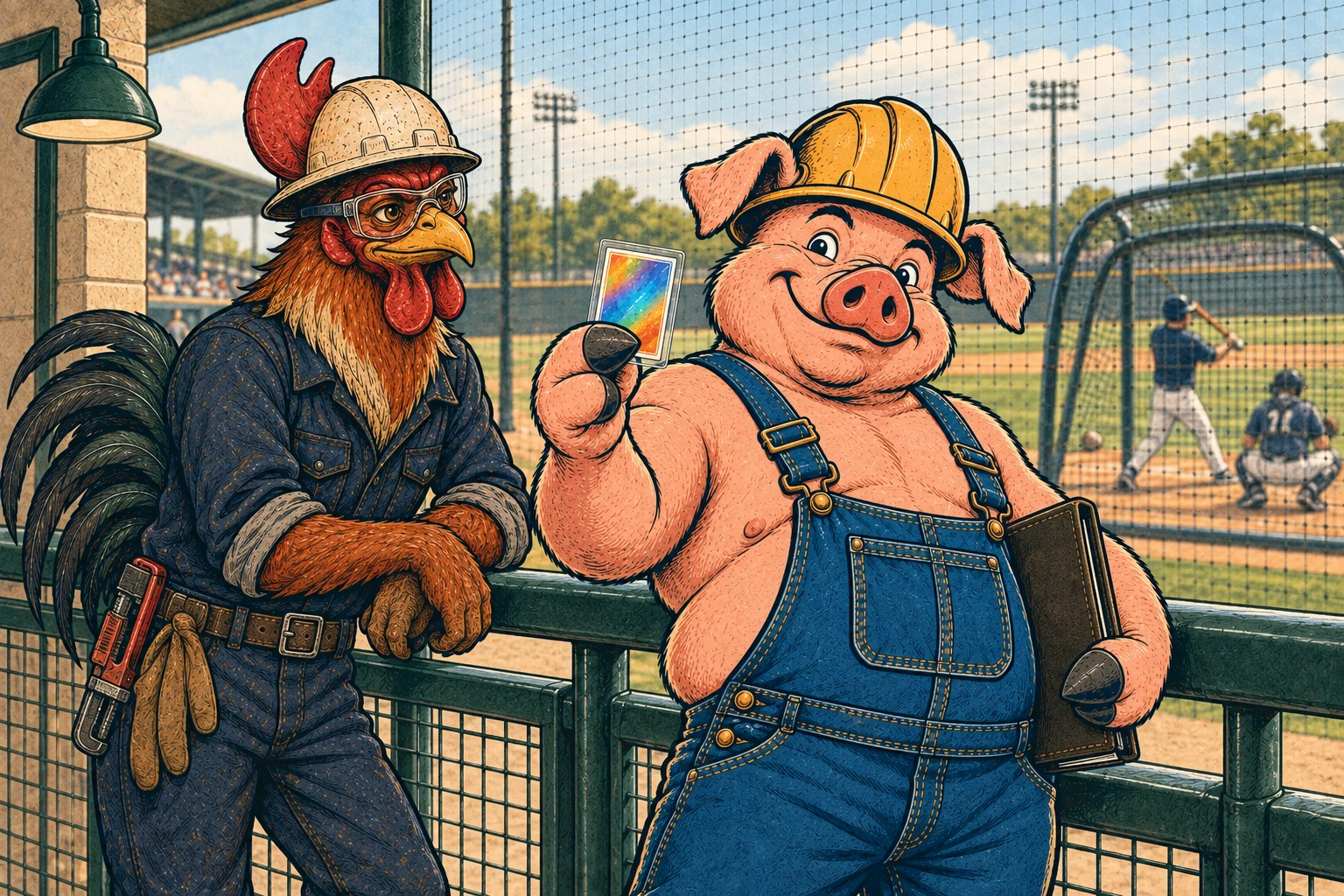 Hammy and Riggs look at baseball cards during batting practice.