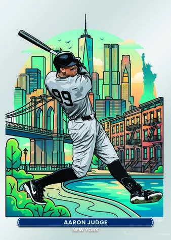 Aaron Judge’s Downtown preview with a New York skyline and a large city bridge.