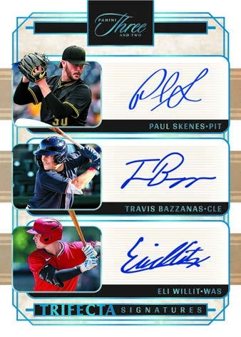 Paul Skenes, Travis Bazzana and Eli Willits Trifecta Signatures Platinum preview from 2026 Panini Three and Two Baseball.