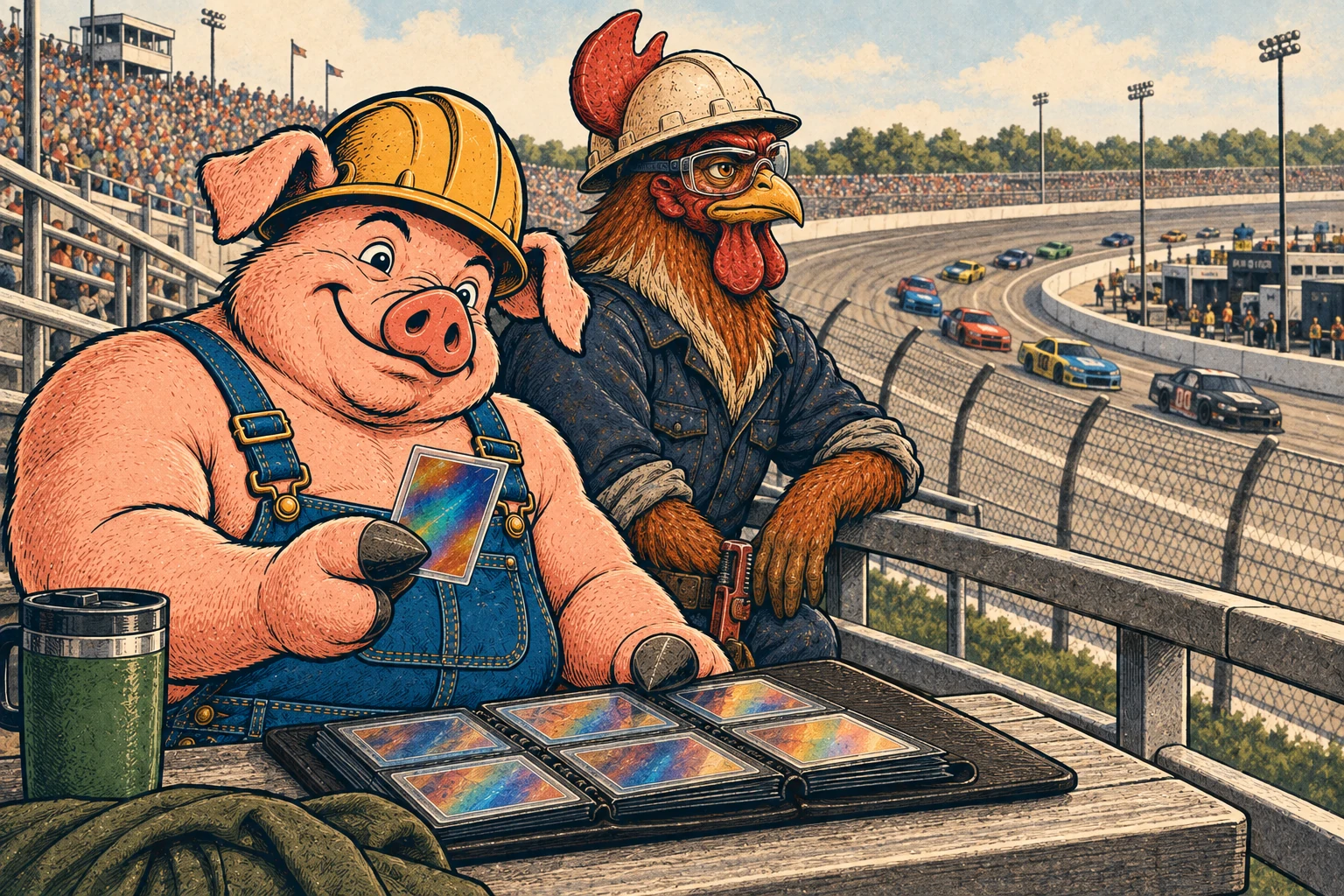 Hammy and Riggs share racing cards beside a stock-car oval.