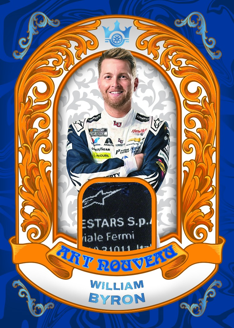 William Byron Art Nouveau memorabilia card with a driver portrait, racing-suit fabric swatch, ornate orange frame and blue background.
