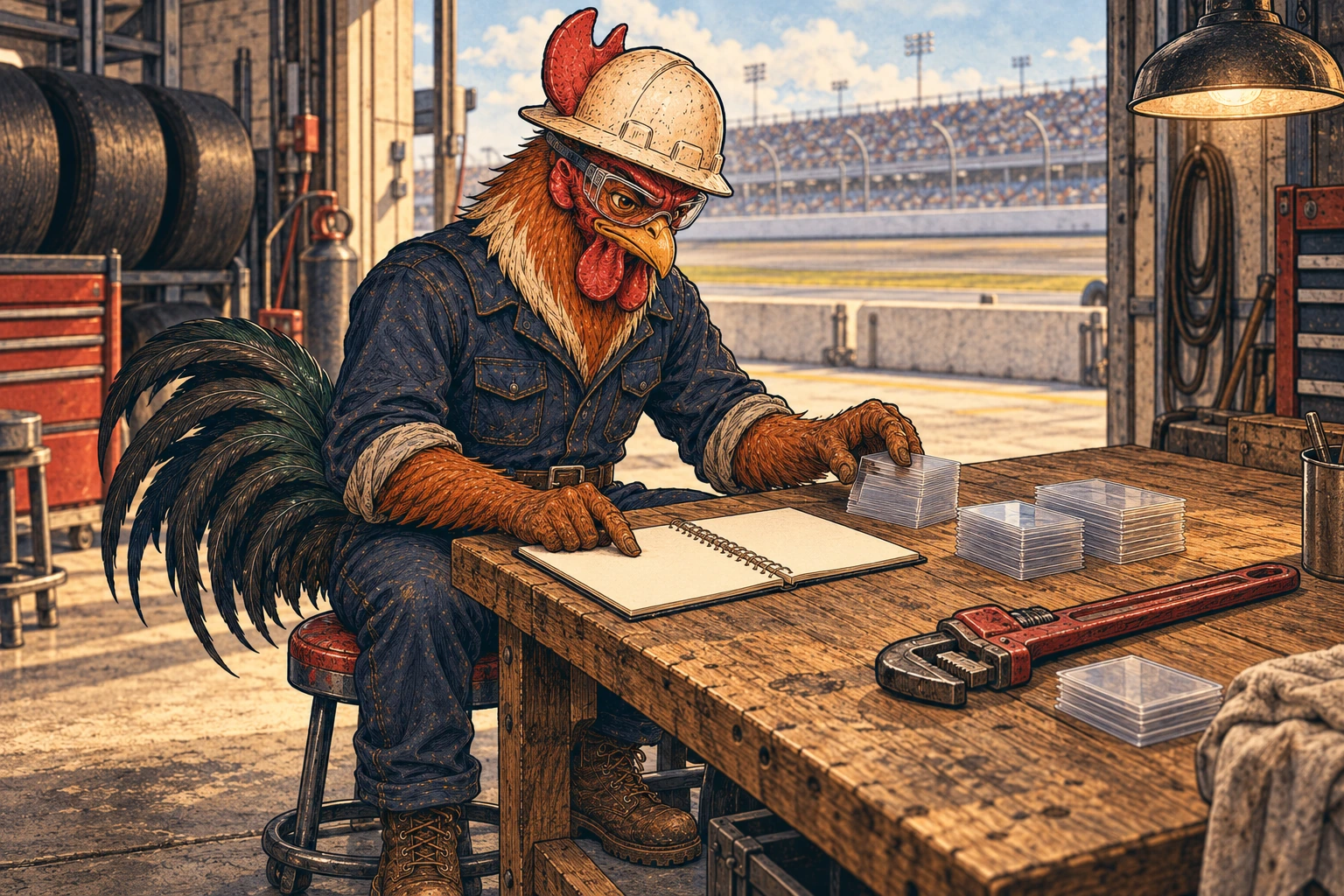 Illustration of a russet-and-cream rooster wearing an off-white hard hat, safety glasses, navy coveralls and work boots, seated at a racing garage workbench with clear card holders, a blank notebook and a red pipe wrench. A racetrack and grandstands appear outside.