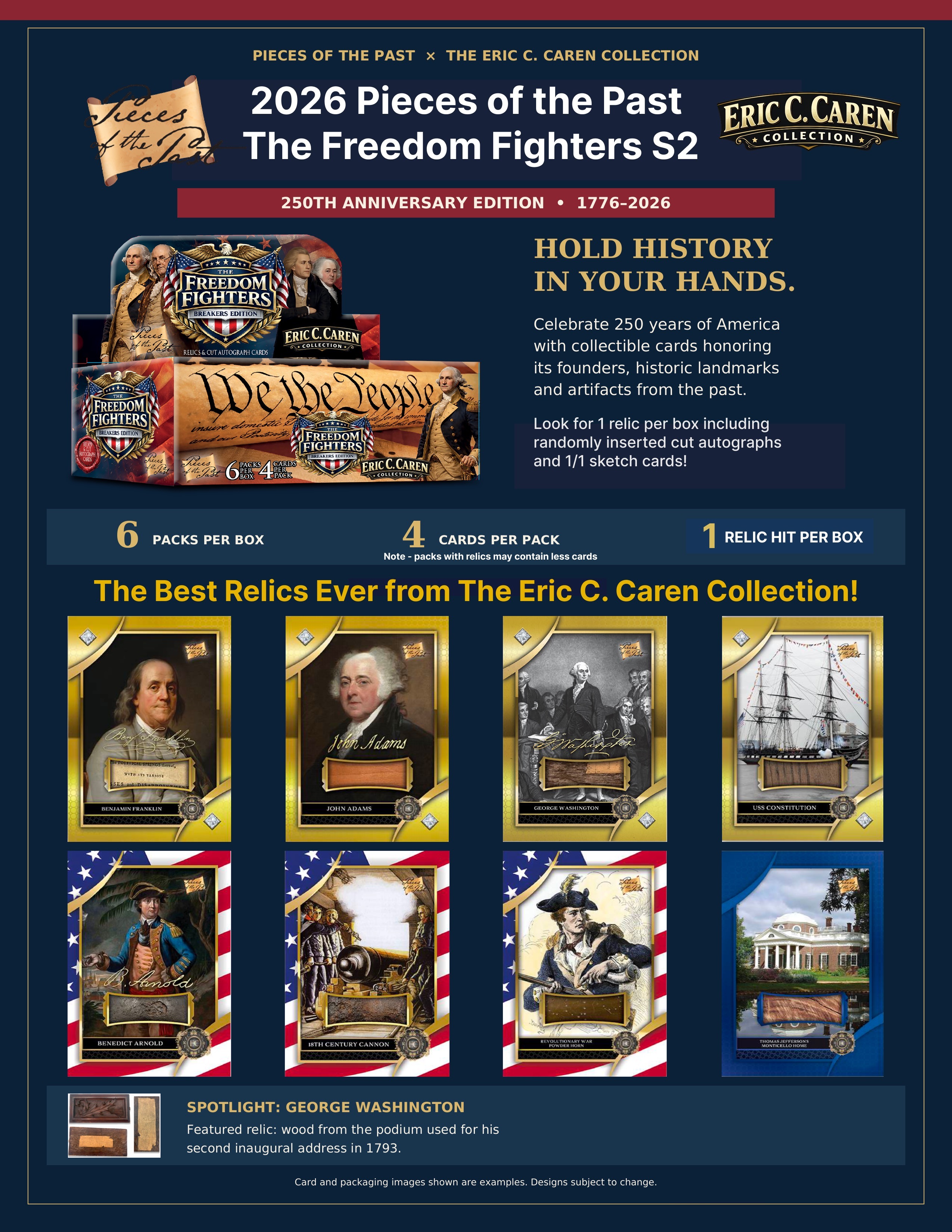 Manufacturer sell sheet for 2026 Pieces of the Past The Freedom Fighters Series 2, showing the box and historical relic-card previews