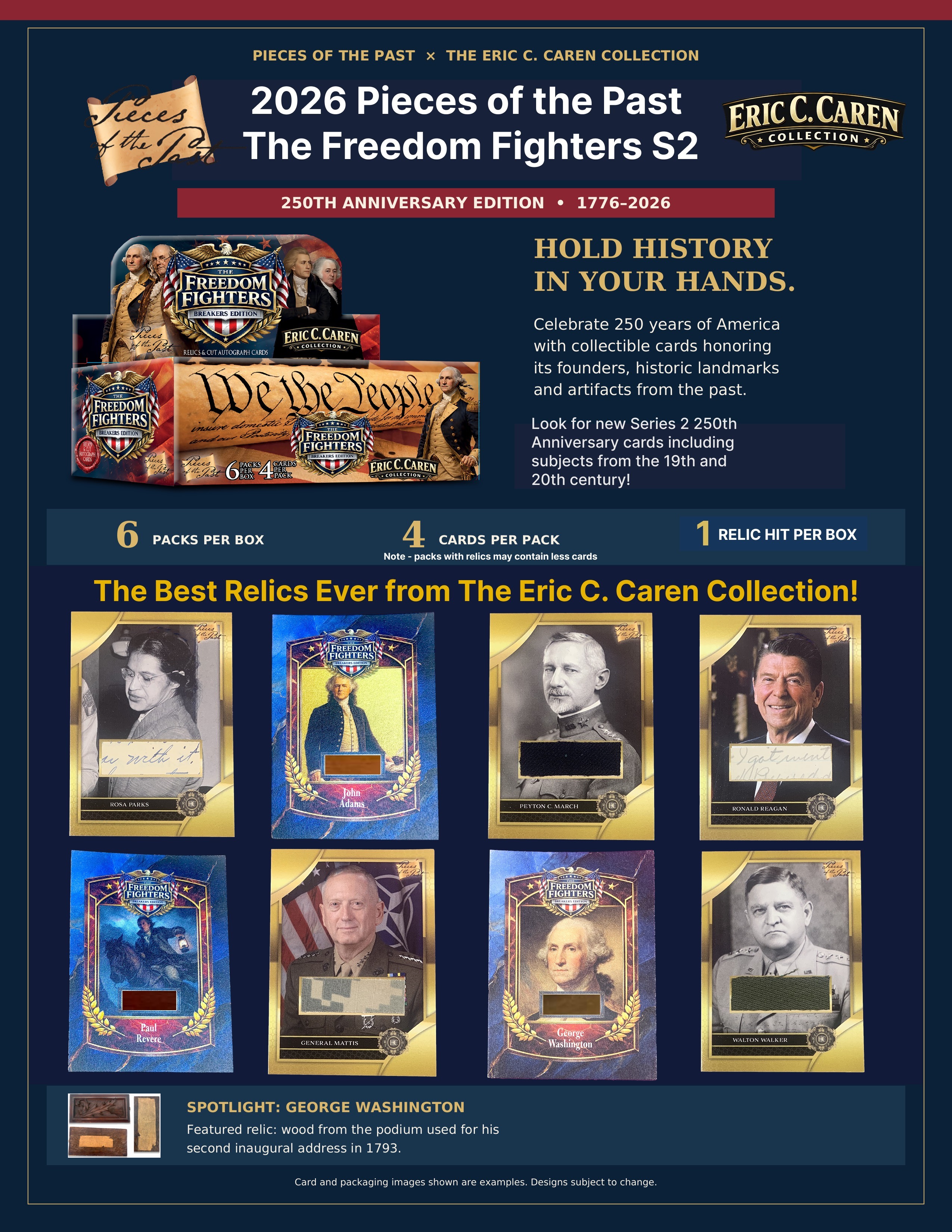 Freedom Fighters Series 2 manufacturer previews of Rosa Parks, John Adams, Peyton C. March, Ronald Reagan, Paul Revere, General Mattis, George Washington and Walton Walker