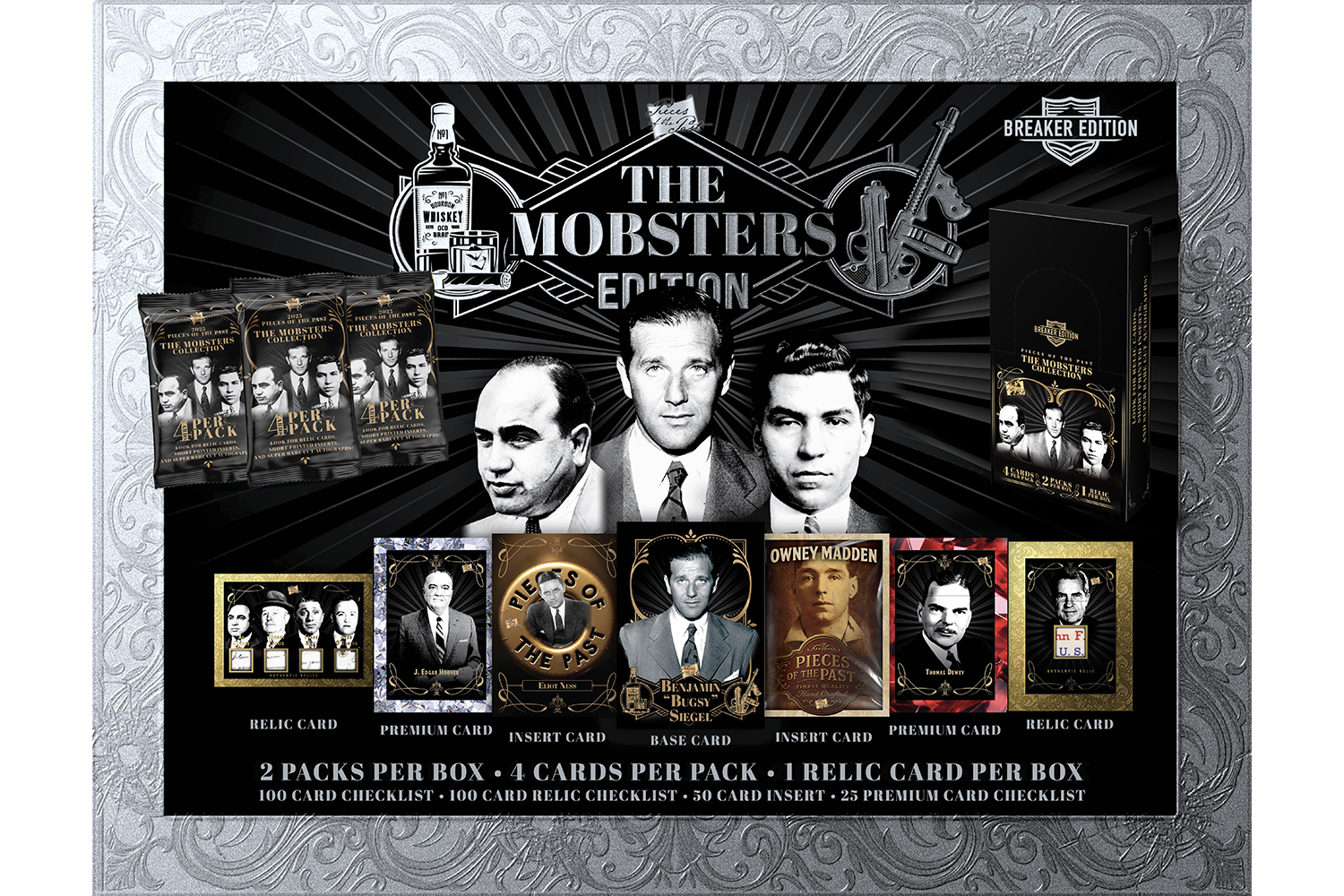 Mobsters Breaker manufacturer preview showing the two-pack format and one-relic guarantee