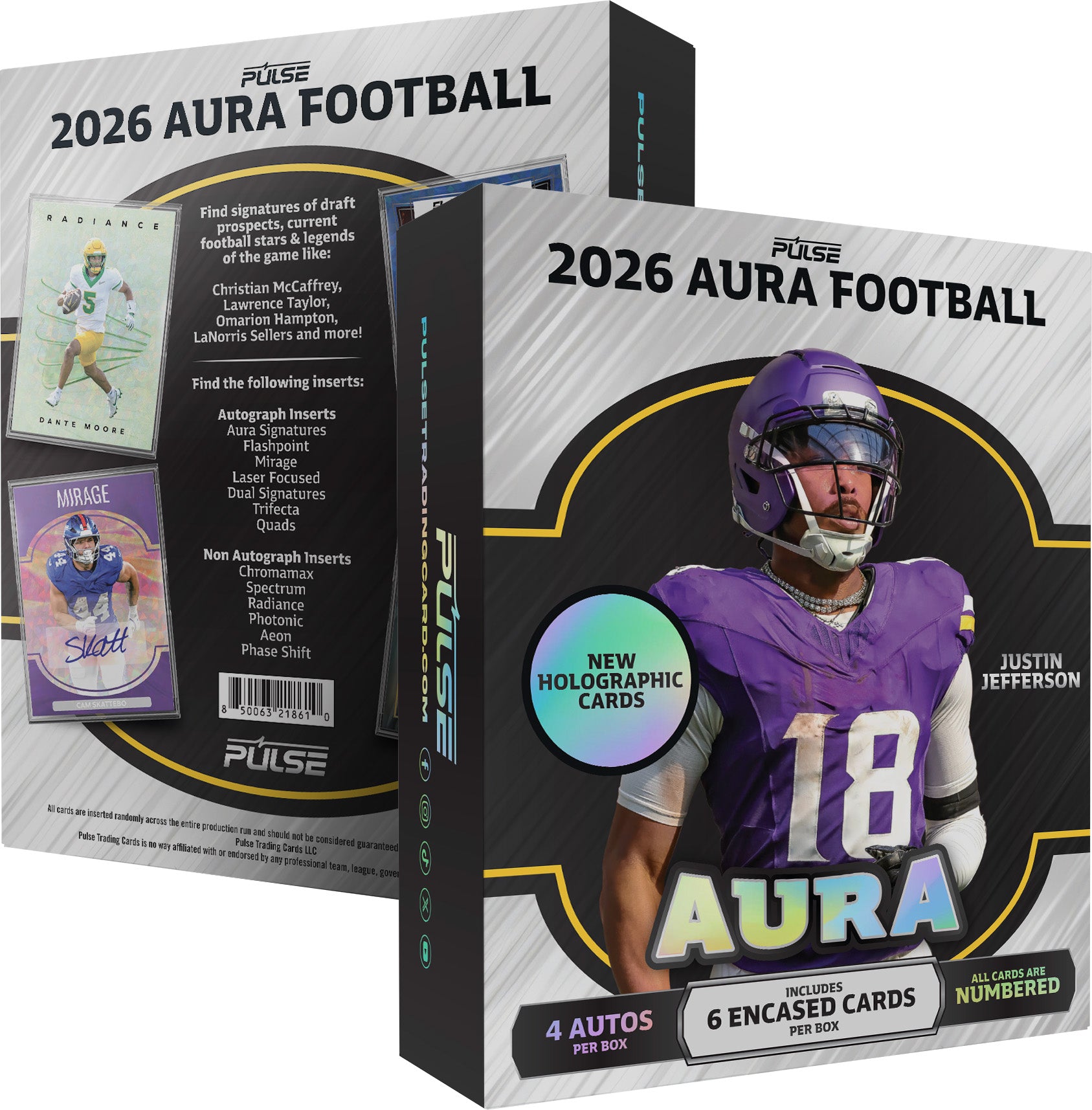 2026 Pulse Aura Football Hobby packaging featuring Justin Jefferson