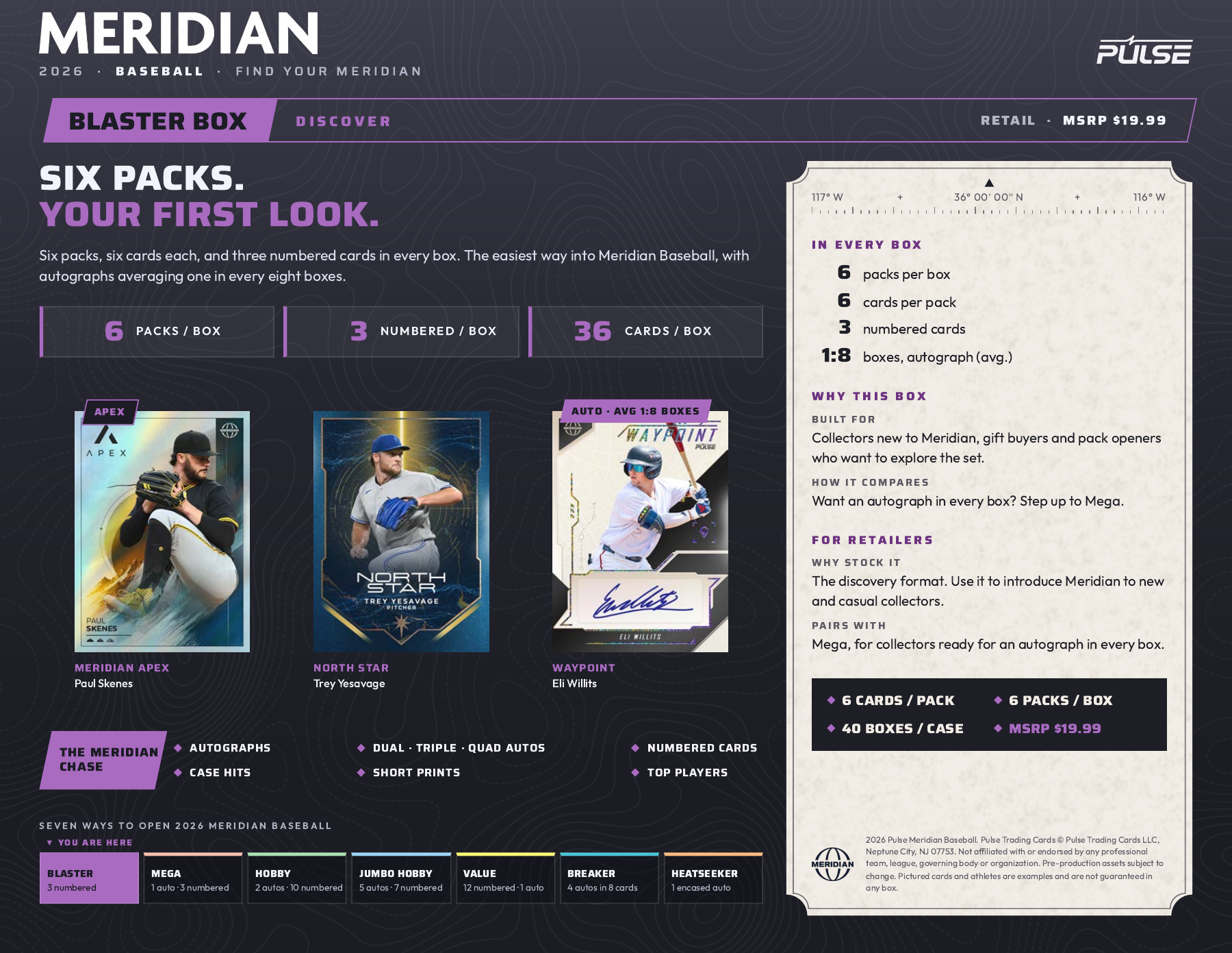 Pulse manufacturer sell sheet showing the 2026 Meridian Baseball Blaster configuration and Paul Skenes, Trey Yesavage and Eli Willits previews