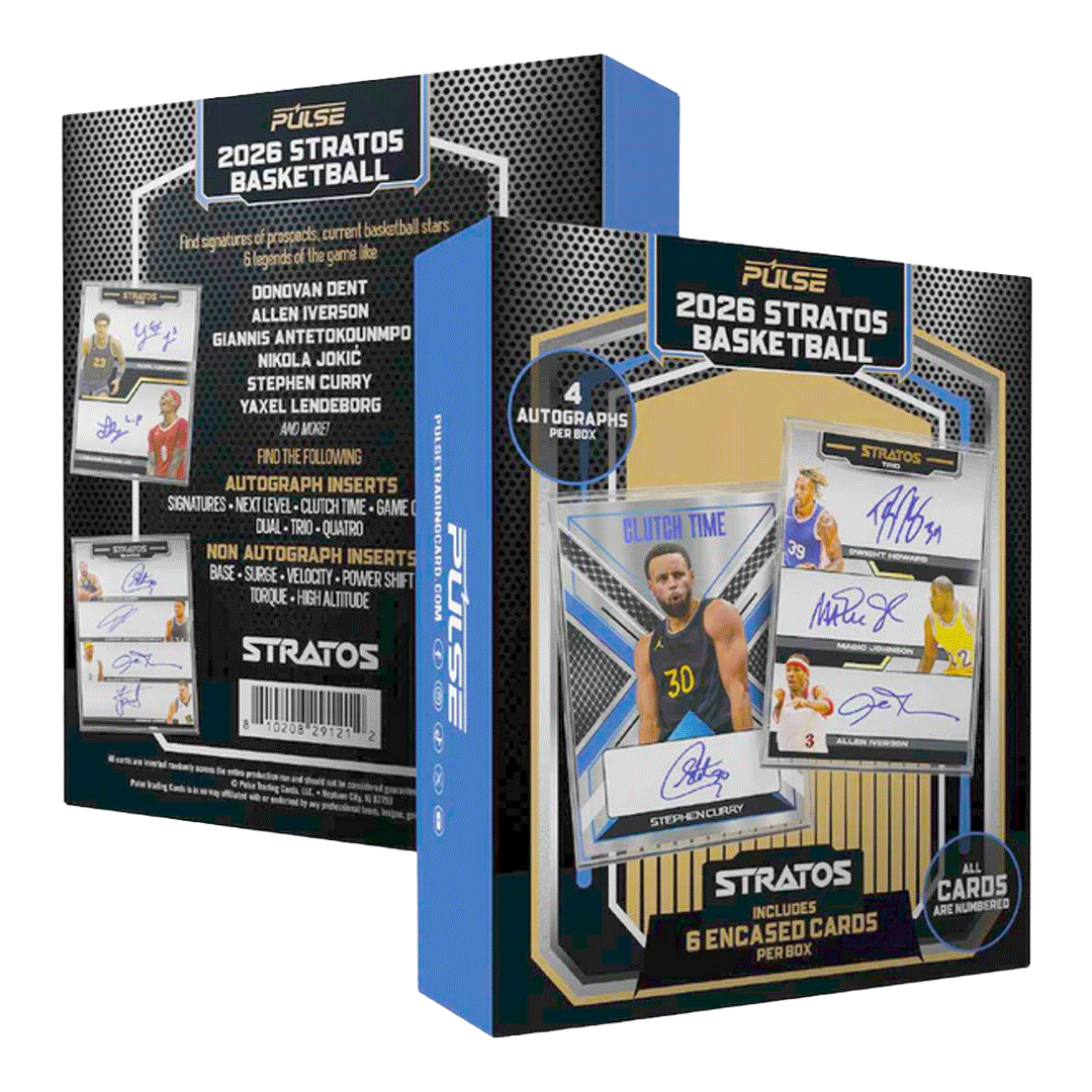2026 Pulse Stratos Basketball Hobby box and sleeve showing Stephen Curry Clutch Time and a Dwight Howard Magic Johnson Allen Iverson triple autograph